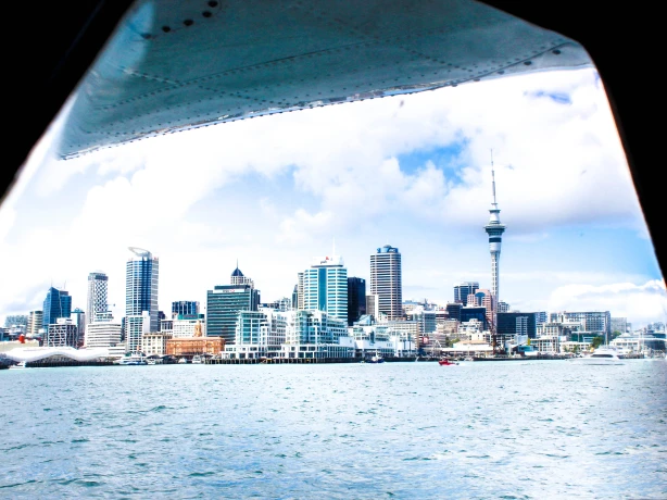 Auckland skyline from a seaplane in New Zealand