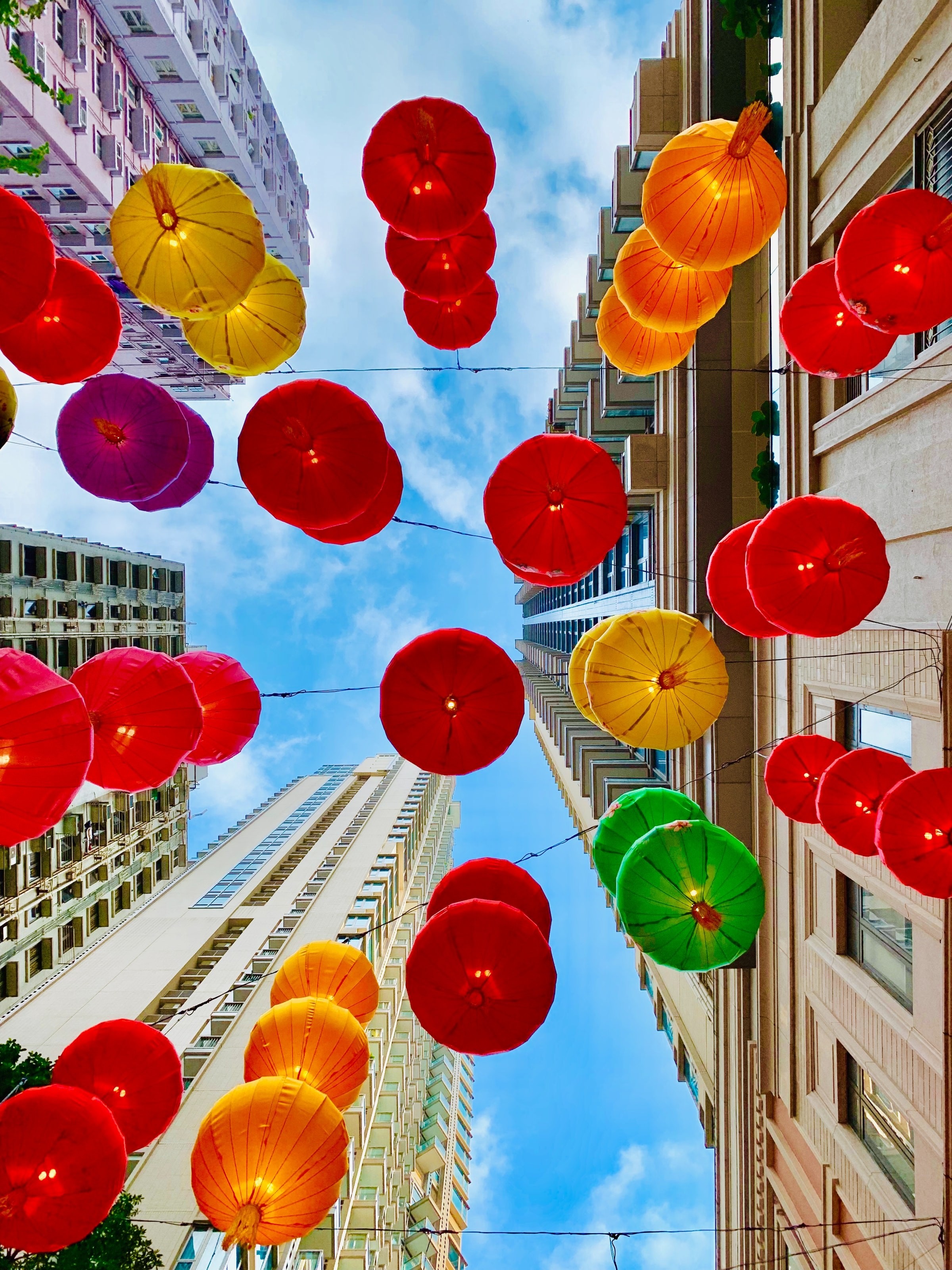 Multi-coloured lanterns from the bottom view in Hong-Kong