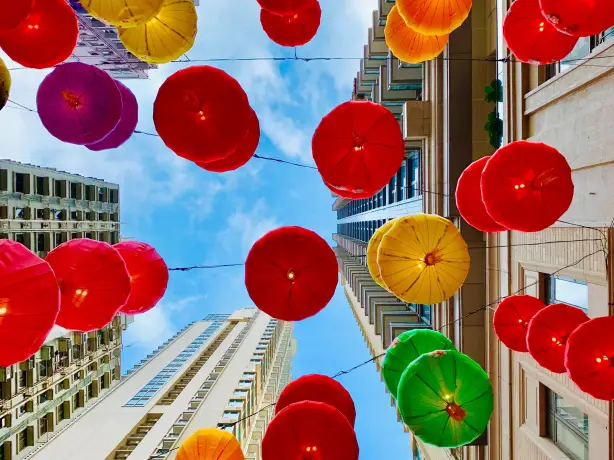 Multi-coloured lanterns from the bottom view in Hong-Kong