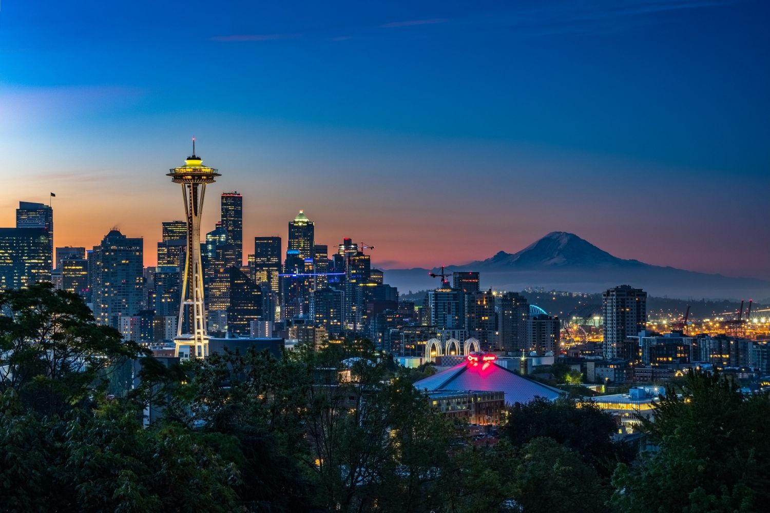 view over Seattle city lit up at night