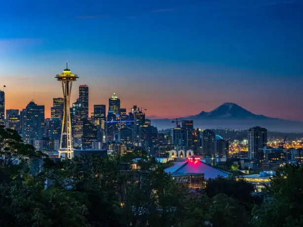 view over Seattle city lit up at night