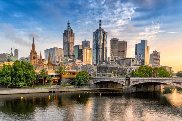 The skyline of Melbourne, Australia from across the river at sunset
