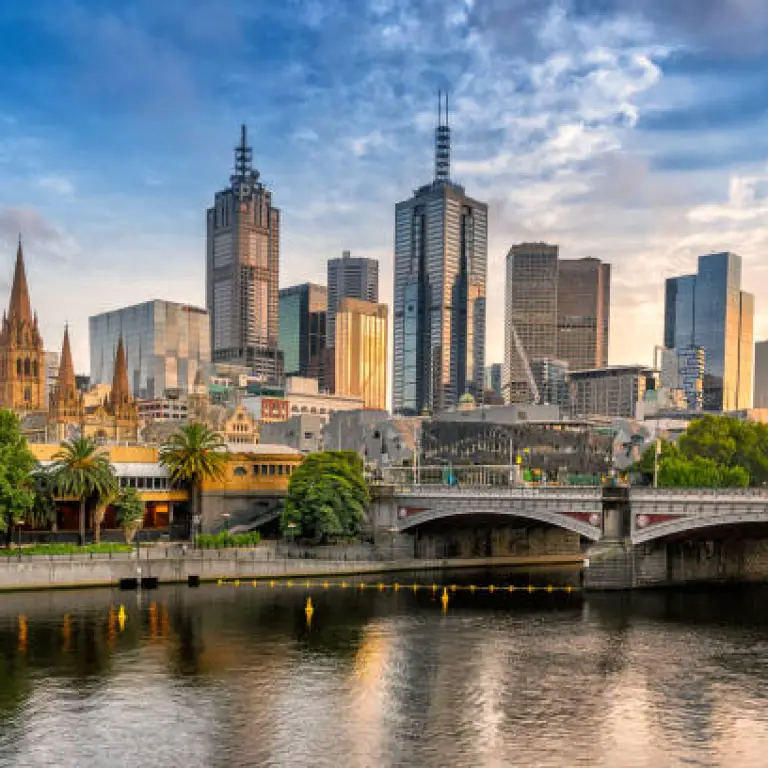 The skyline of Melbourne, Australia from across the river at sunset