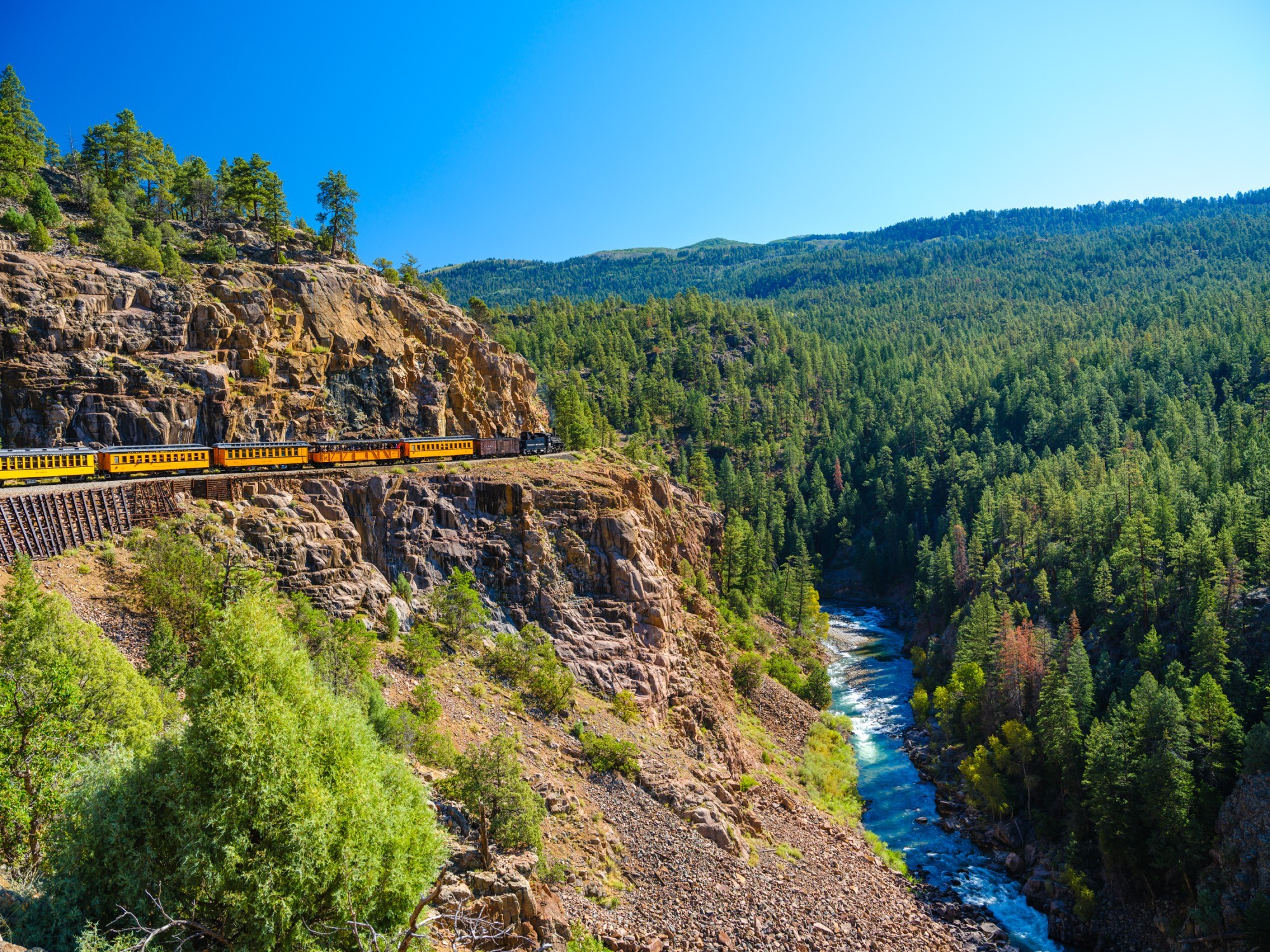 Eine gelbe Dampflock fährt an einer Klippe, einem Gebirgsfluss und einem Wald entlang in Durango, Colorado