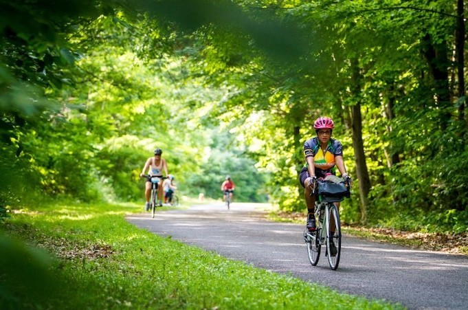 Mehrere Menschen fahren Fahrrad auf Weg durch grüne Bäume