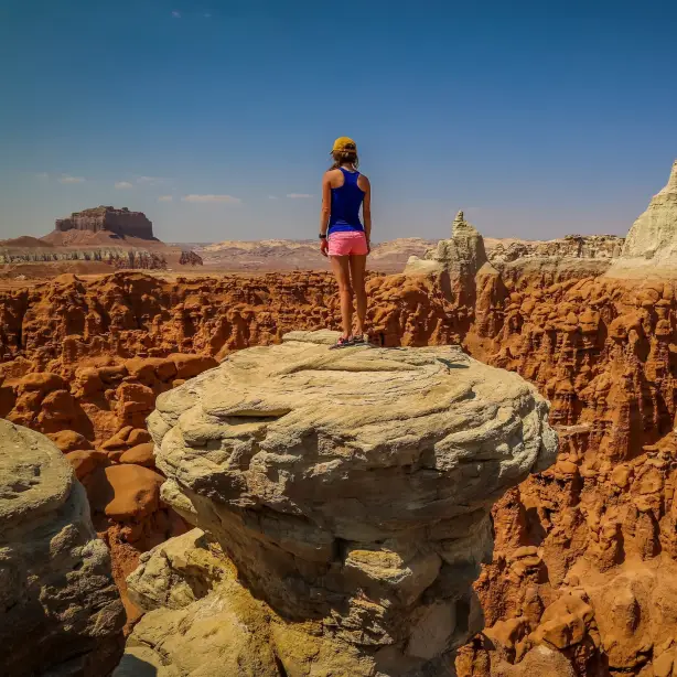 Ein Wanderer steht auf einem Felsvorsprung und überblickt die geformten roten Felsformationen und die Wüstenlandschaft des amerikanischen Südwestens.