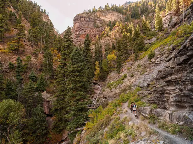 Zwei Wanderer folgen einem Bergpfad durch eine Schlucht mit Felswänden und dichten Wald in Ouray, Colorado