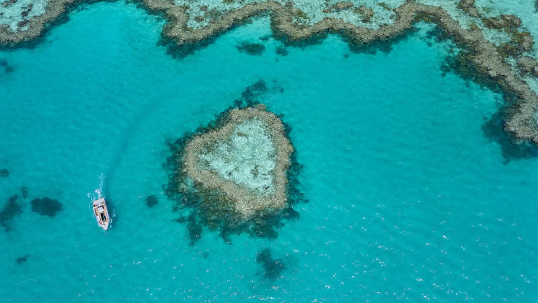 Ein Boot segelt um Heart Reef Island in den Whitsundays, Australien